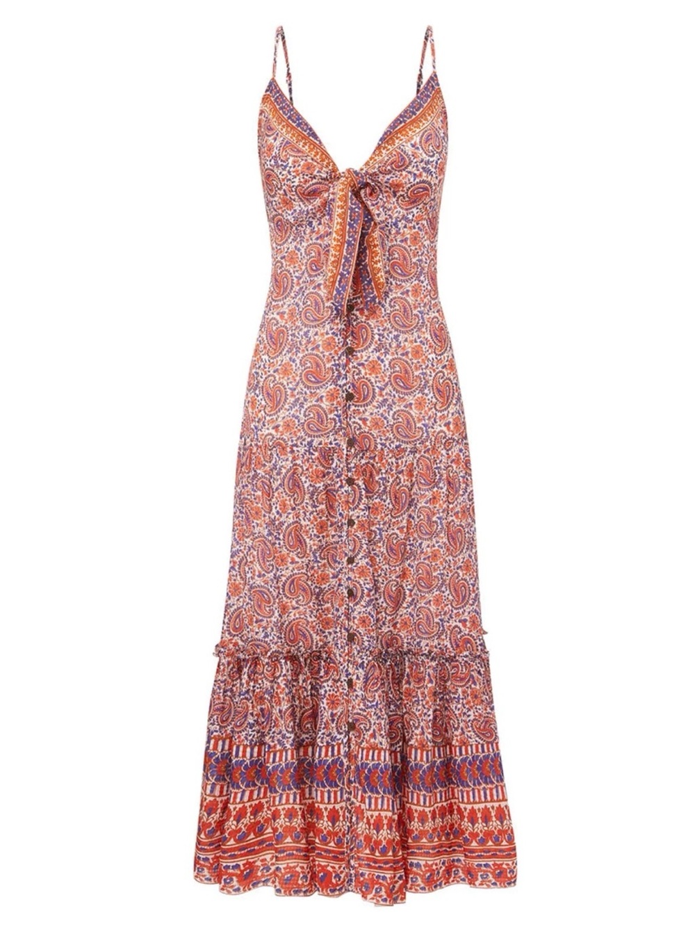 Veronica Beard Rust, Blue & Cream Paisley Tie-Front Maxi Dress